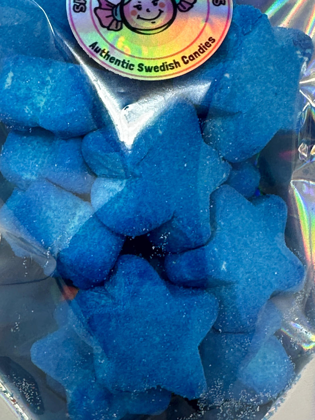 Marshmallow Blue Tongue-Painting Stars – Wild Fruit Sparkle Mallows (Swedish Candy)