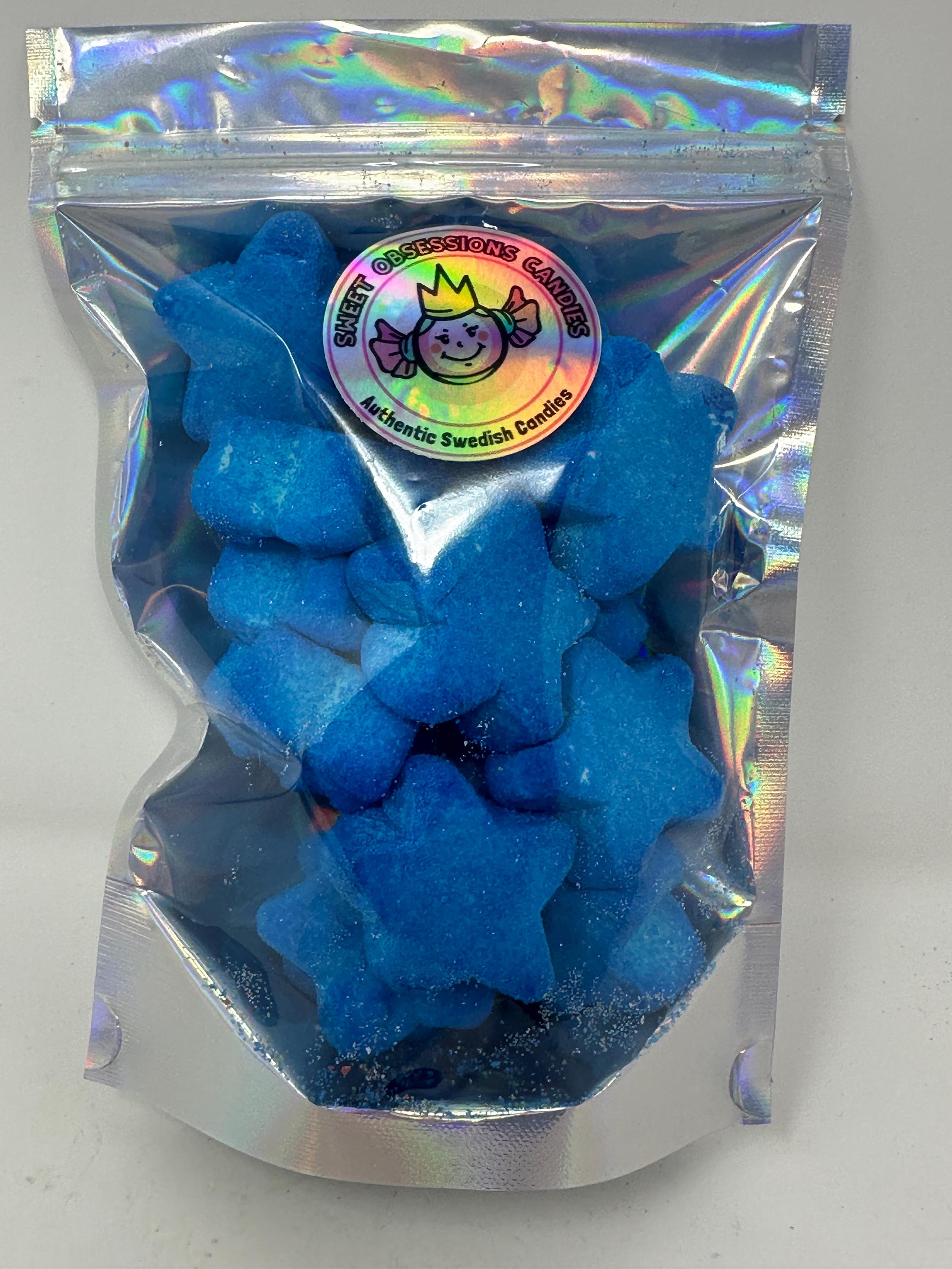 Marshmallow Blue Tongue-Painting Stars – Wild Fruit Sparkle Mallows (Swedish Candy)